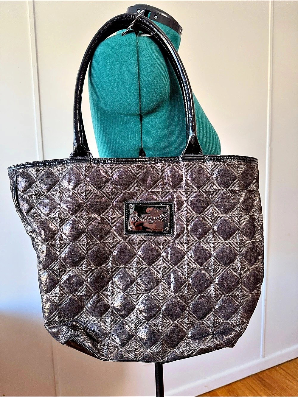 Betsey Johnson Quilted Geometric Tote in Black & Silver